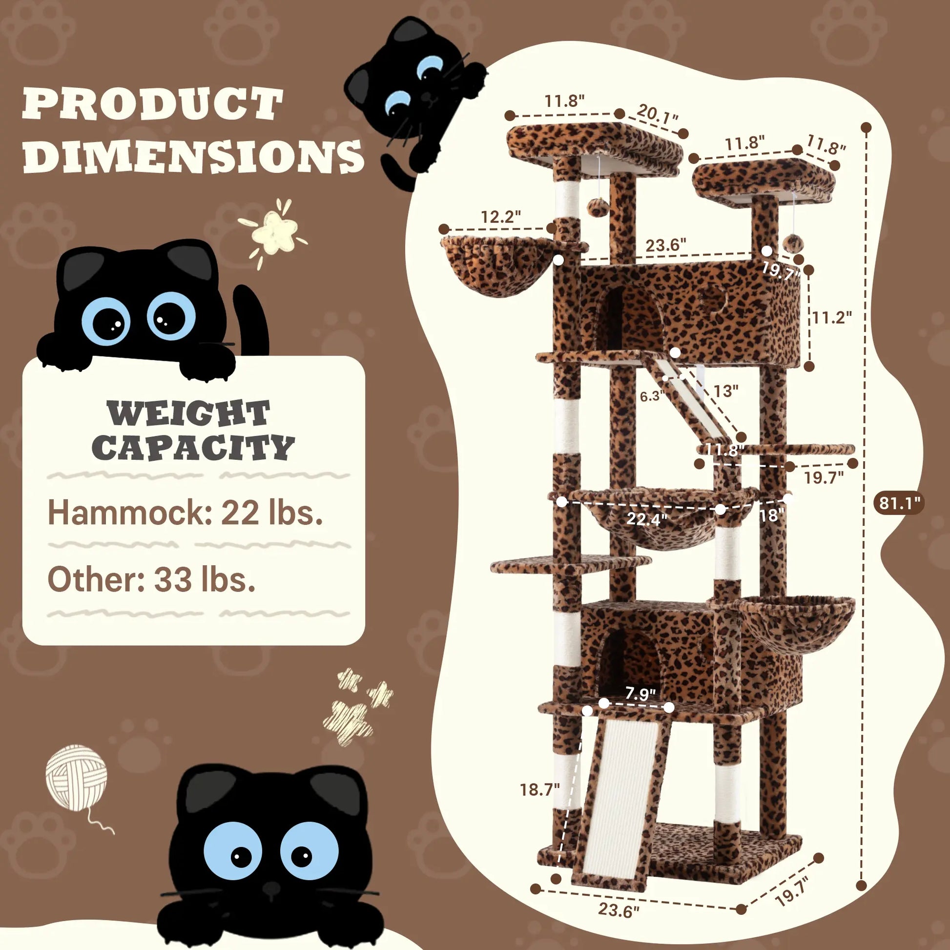 SHA CERLIN Multi-Level Tall Cat Tree Tower with Hammock and Sisal Scratching Posts - Spacious Cat Condo Furniture for Multiple Cats - Ideal for Play and Rest - Perfect Father's Day Gift