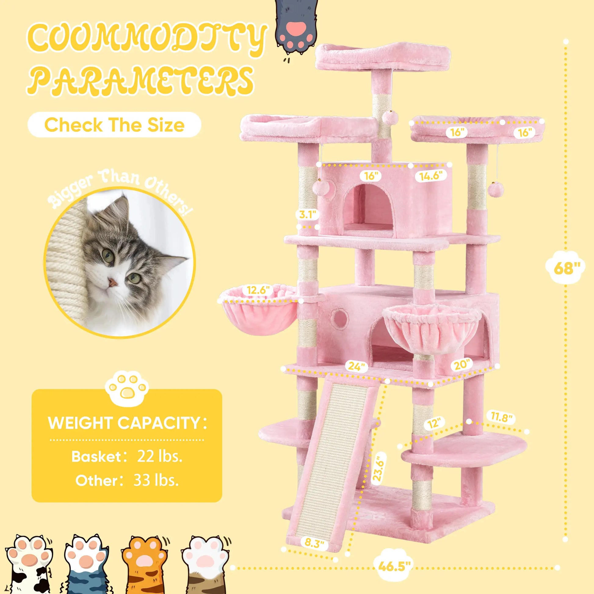 SHA CERLIN Multi-Level Tall Cat Tree Tower with Hammock and Sisal Scratching Posts - Spacious Cat Condo Furniture for Multiple Cats - Ideal for Play and Rest - Perfect Father's Day Gift