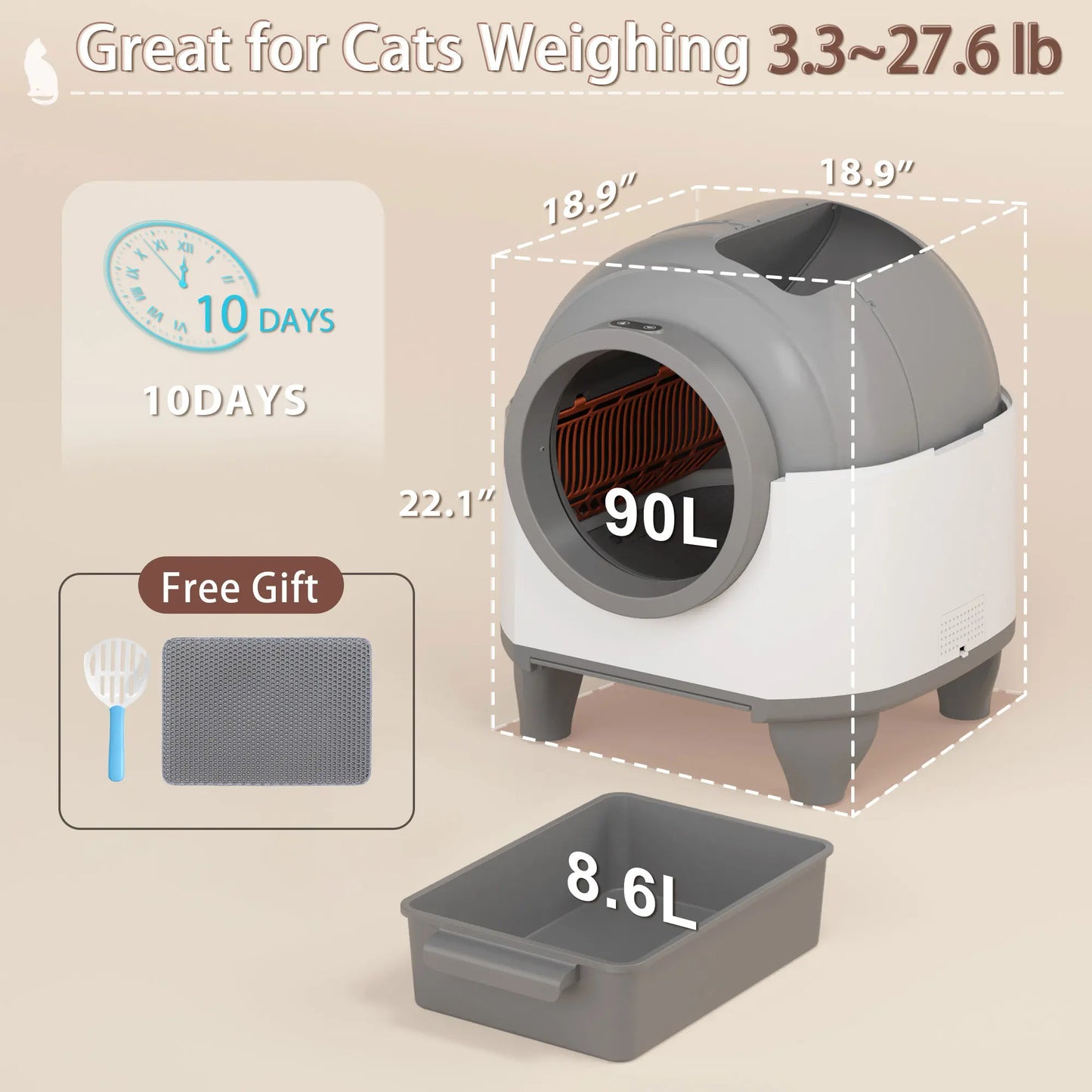 Warcat Smart Low-Noise Self-Cleaning Litter Box with 90L Capacity, App-Controlled via 2.4G WiFi, Equipped with Smart Sensors and Safety Features for Easy Maintenance and Setup