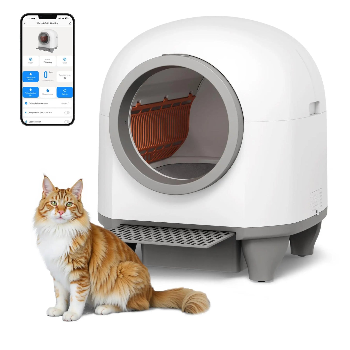 Warcat Smart Low-Noise Self-Cleaning Litter Box with 90L Capacity, App-Controlled via 2.4G WiFi, Equipped with Smart Sensors and Safety Features for Easy Maintenance and Setup