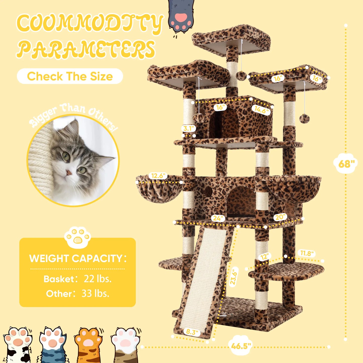 SHA CERLIN Multi-Level Tall Cat Tree Tower with Hammock and Sisal Scratching Posts - Spacious Cat Condo Furniture for Multiple Cats - Ideal for Play and Rest - Perfect Father's Day Gift