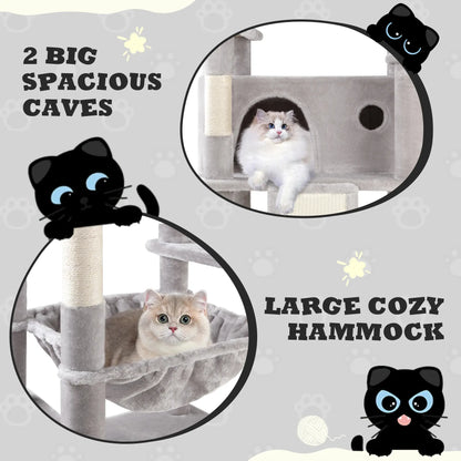 SHA CERLIN Multi-Level Tall Cat Tree Tower with Hammock and Sisal Scratching Posts - Spacious Cat Condo Furniture for Multiple Cats - Ideal for Play and Rest - Perfect Father's Day Gift