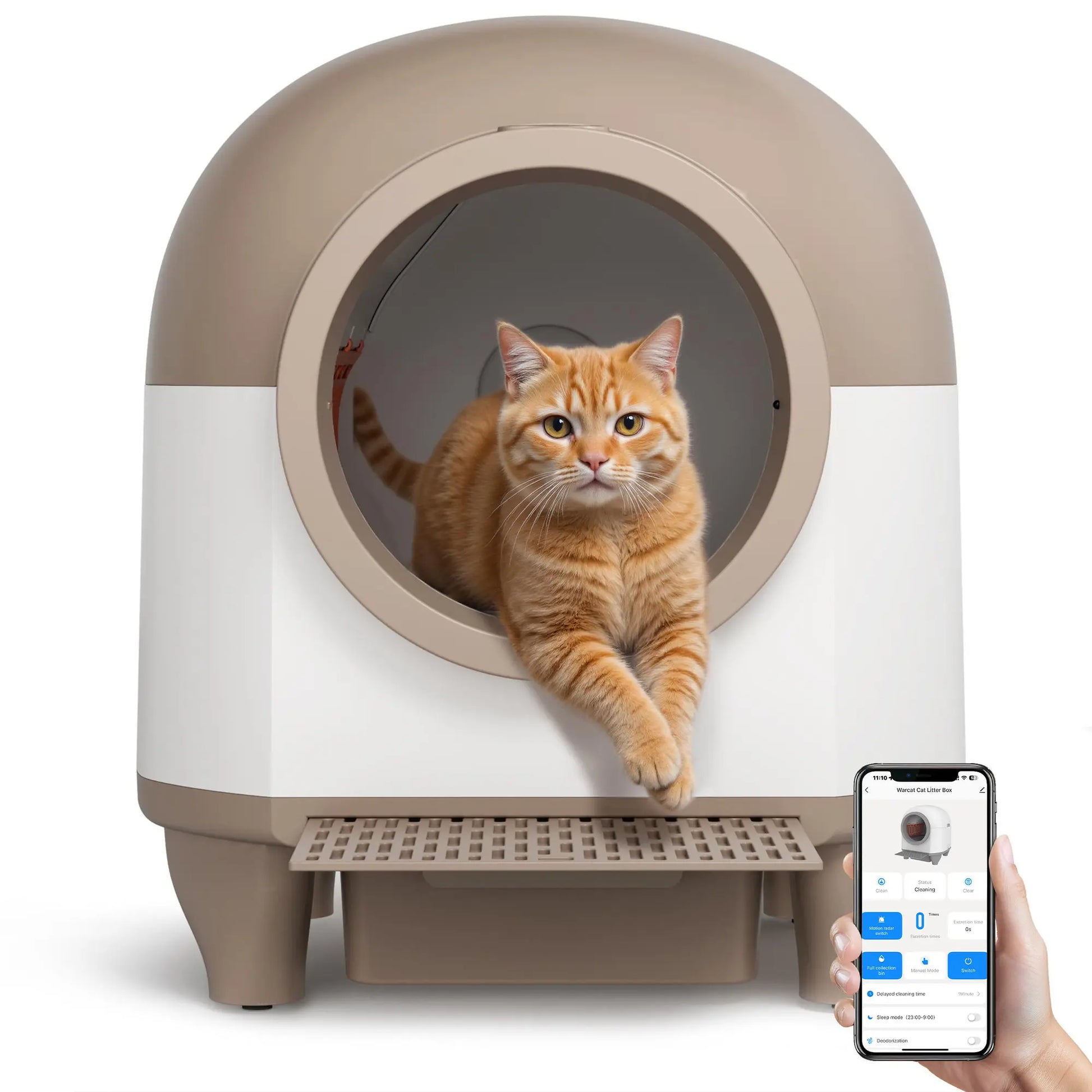 Warcat Smart Low-Noise Self-Cleaning Litter Box with 90L Capacity, App-Controlled via 2.4G WiFi, Equipped with Smart Sensors and Safety Features for Easy Maintenance and Setup