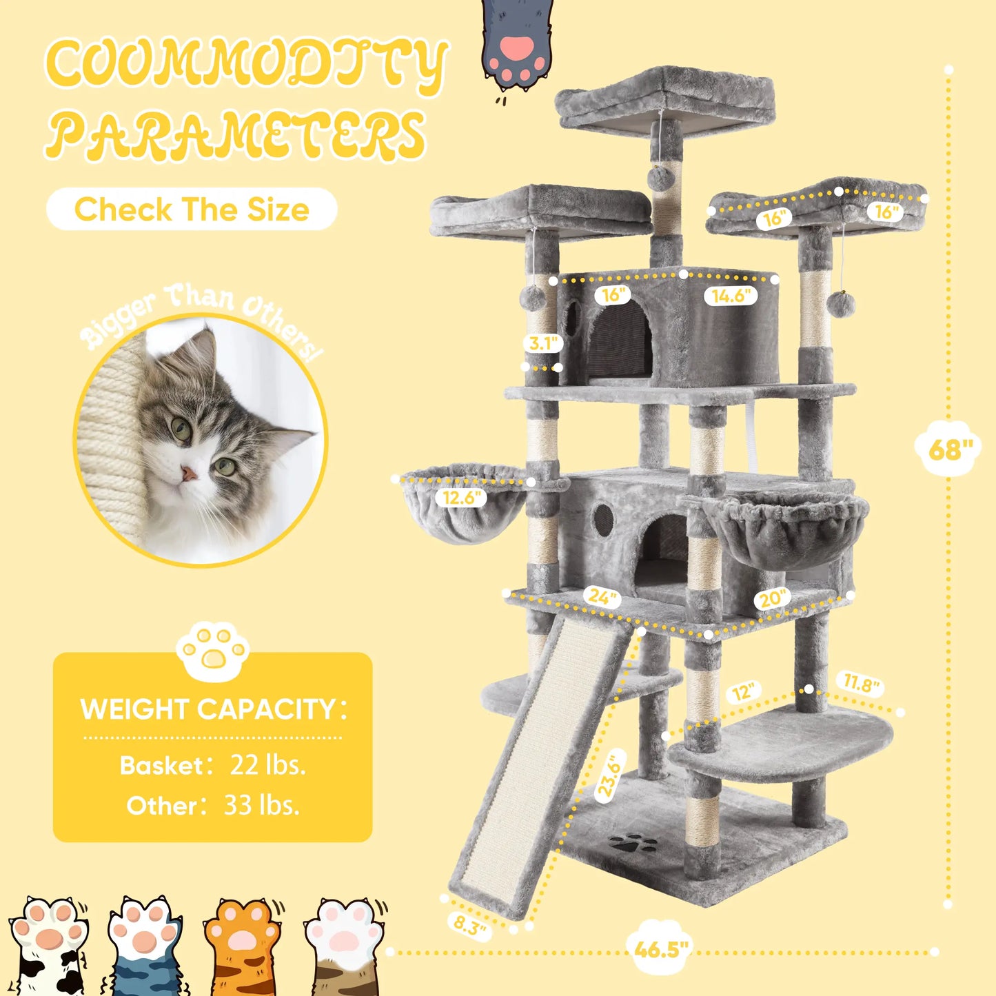 SHA CERLIN Multi-Level Tall Cat Tree Tower with Hammock and Sisal Scratching Posts - Spacious Cat Condo Furniture for Multiple Cats - Ideal for Play and Rest - Perfect Father's Day Gift