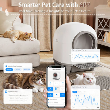 Warcat Smart Low-Noise Self-Cleaning Litter Box with 90L Capacity, App-Controlled via 2.4G WiFi, Equipped with Smart Sensors and Safety Features for Easy Maintenance and Setup