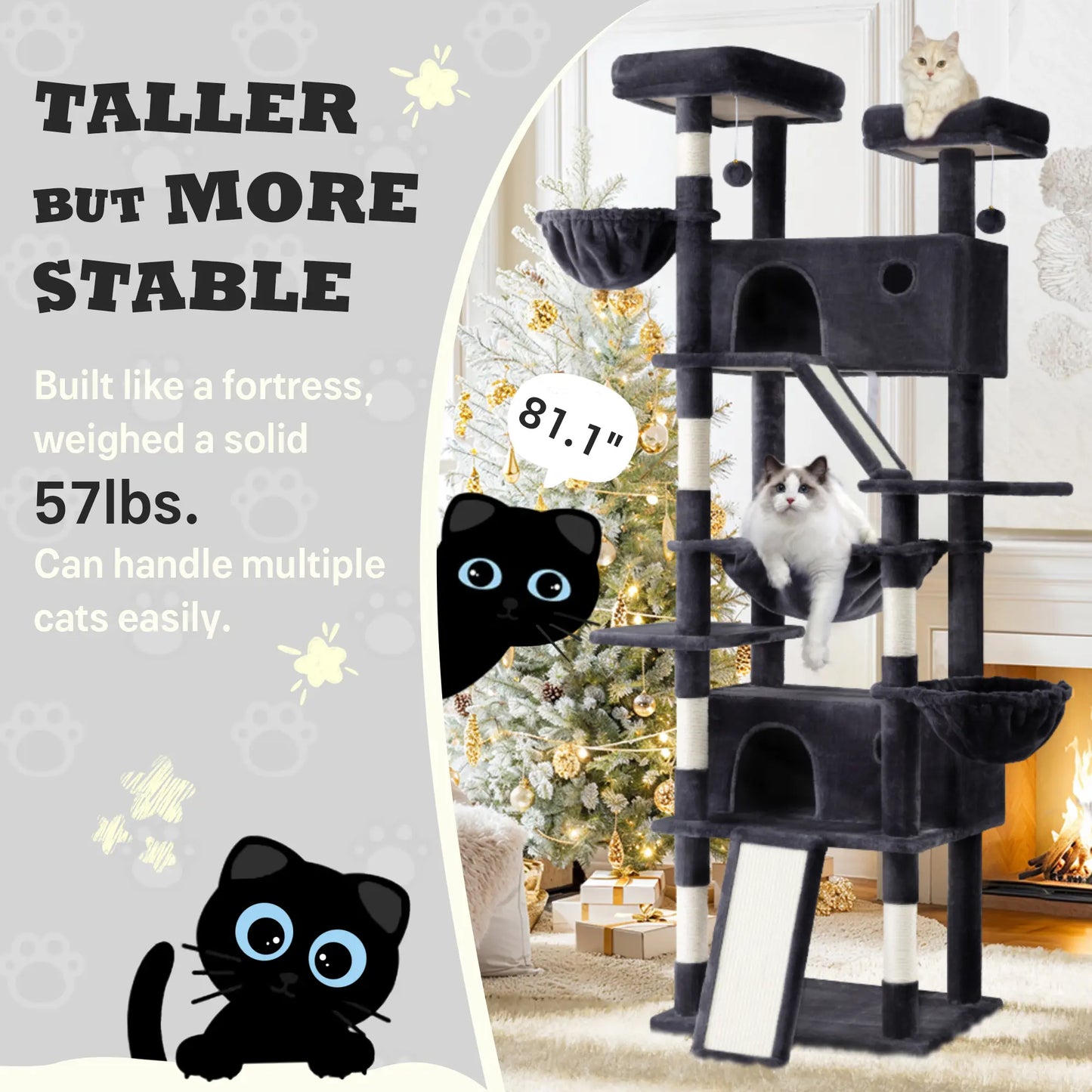 SHA CERLIN Multi-Level Tall Cat Tree Tower with Hammock and Sisal Scratching Posts - Spacious Cat Condo Furniture for Multiple Cats - Ideal for Play and Rest - Perfect Father's Day Gift