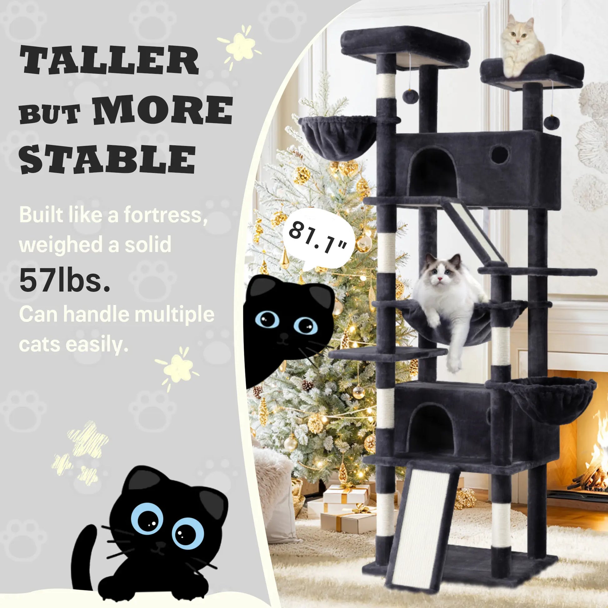 SHA CERLIN Multi-Level Tall Cat Tree Tower with Hammock and Sisal Scratching Posts - Spacious Cat Condo Furniture for Multiple Cats - Ideal for Play and Rest - Perfect Father's Day Gift