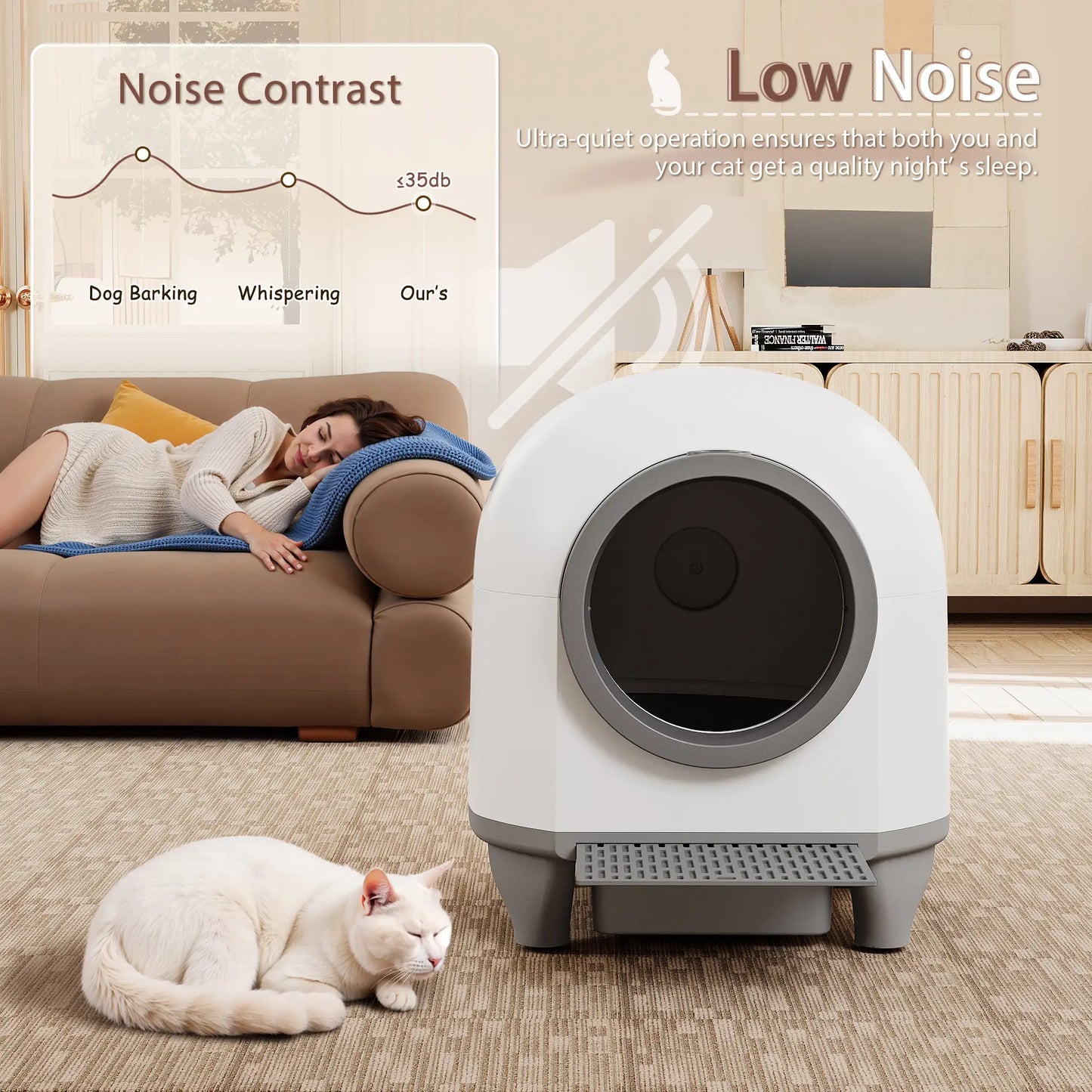 Warcat Smart Low-Noise Self-Cleaning Litter Box with 90L Capacity, App-Controlled via 2.4G WiFi, Equipped with Smart Sensors and Safety Features for Easy Maintenance and Setup