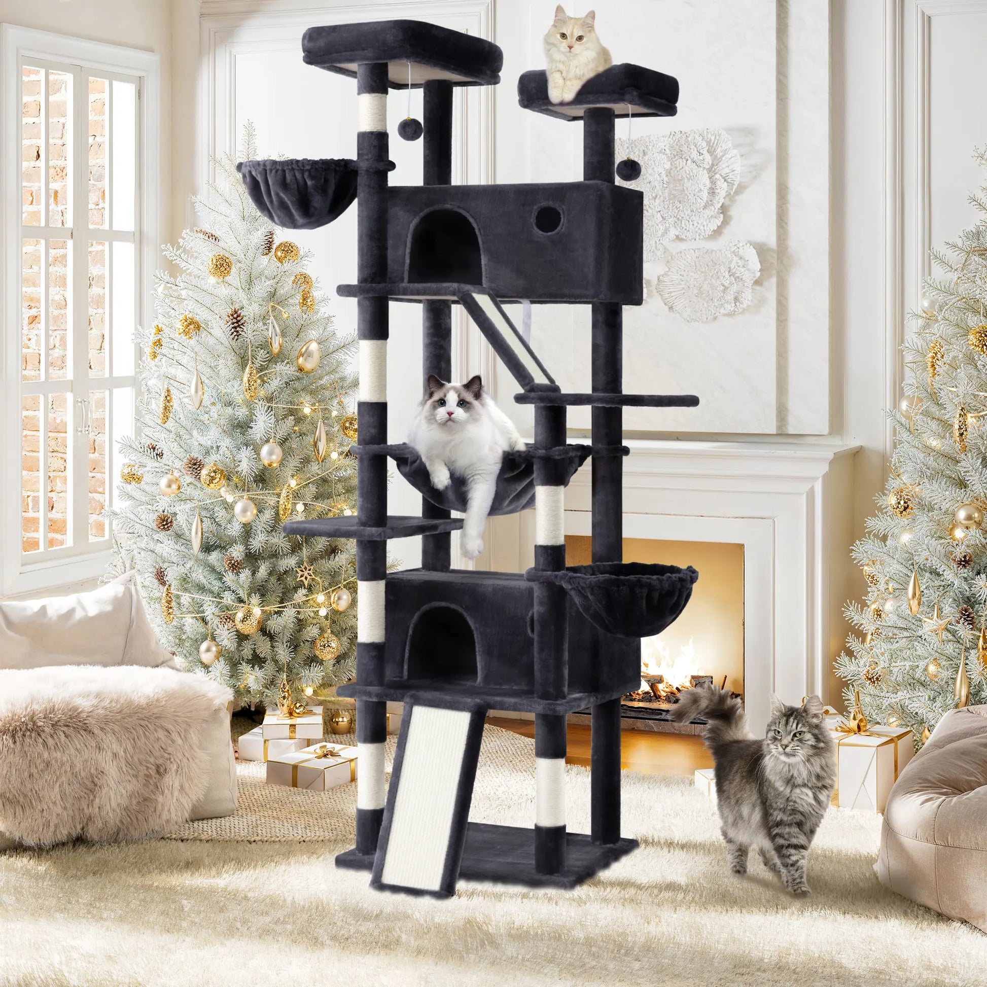 SHA CERLIN Multi-Level Tall Cat Tree Tower with Hammock and Sisal Scratching Posts - Spacious Cat Condo Furniture for Multiple Cats - Ideal for Play and Rest - Perfect Father's Day Gift