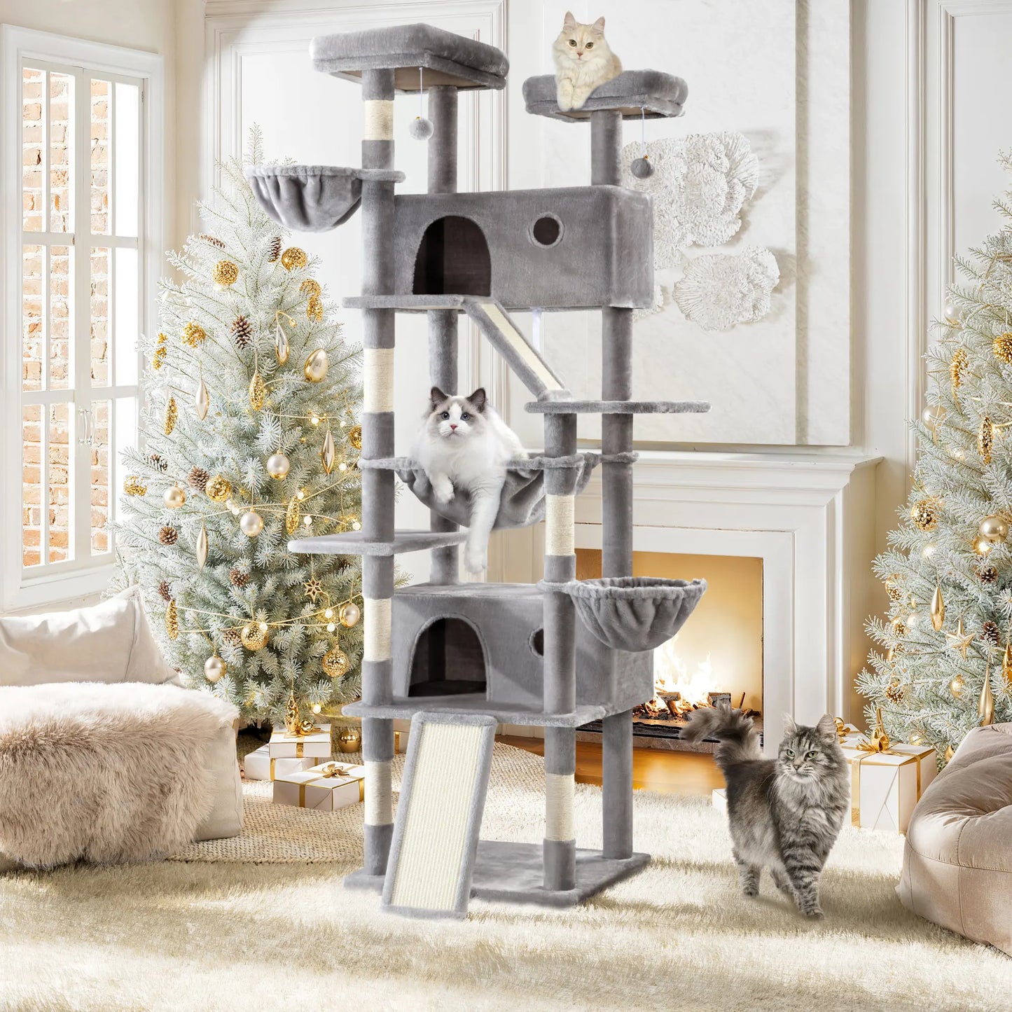 SHA CERLIN Multi-Level Tall Cat Tree Tower with Hammock and Sisal Scratching Posts - Spacious Cat Condo Furniture for Multiple Cats - Ideal for Play and Rest - Perfect Father's Day Gift