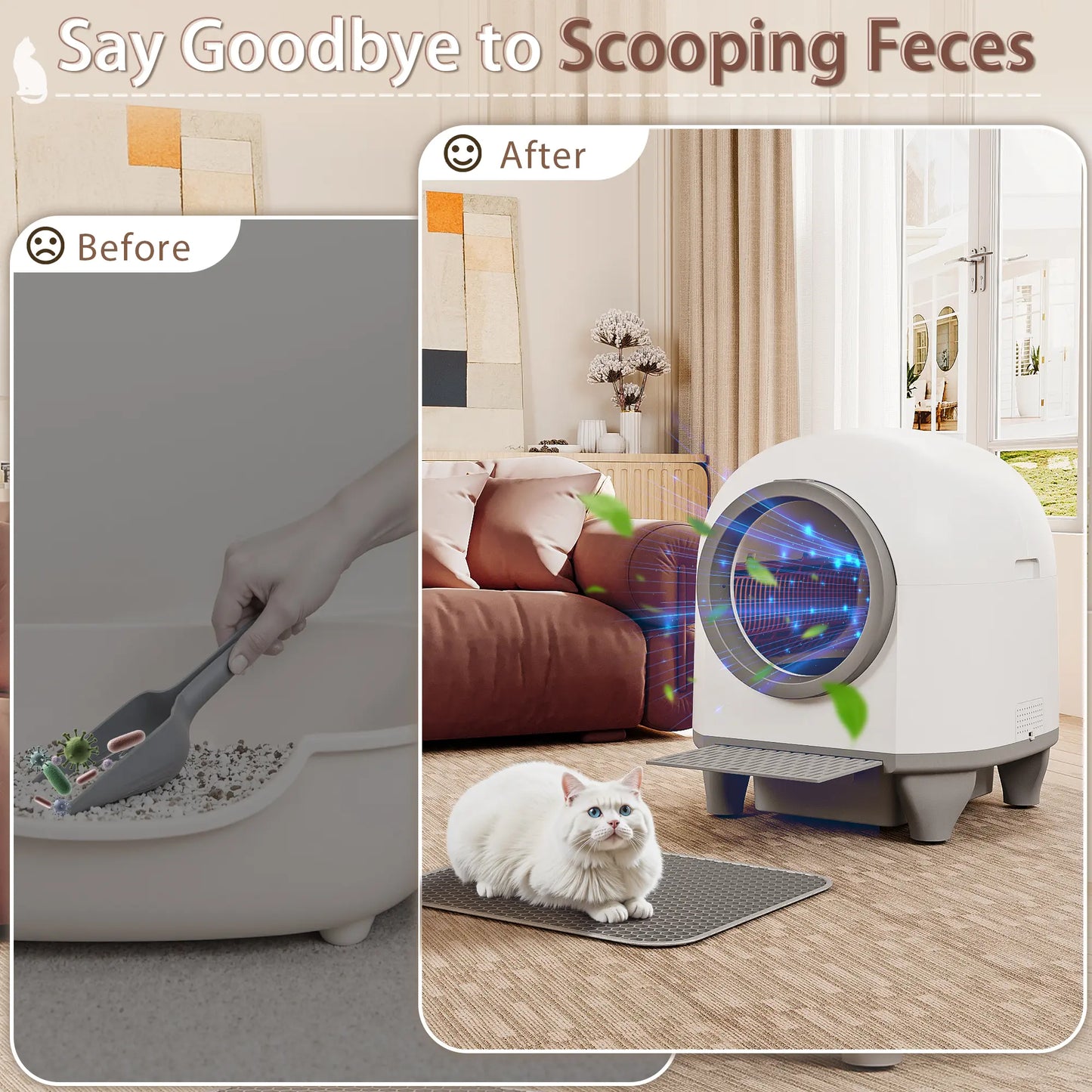 Warcat Smart Low-Noise Self-Cleaning Litter Box with 90L Capacity, App-Controlled via 2.4G WiFi, Equipped with Smart Sensors and Safety Features for Easy Maintenance and Setup