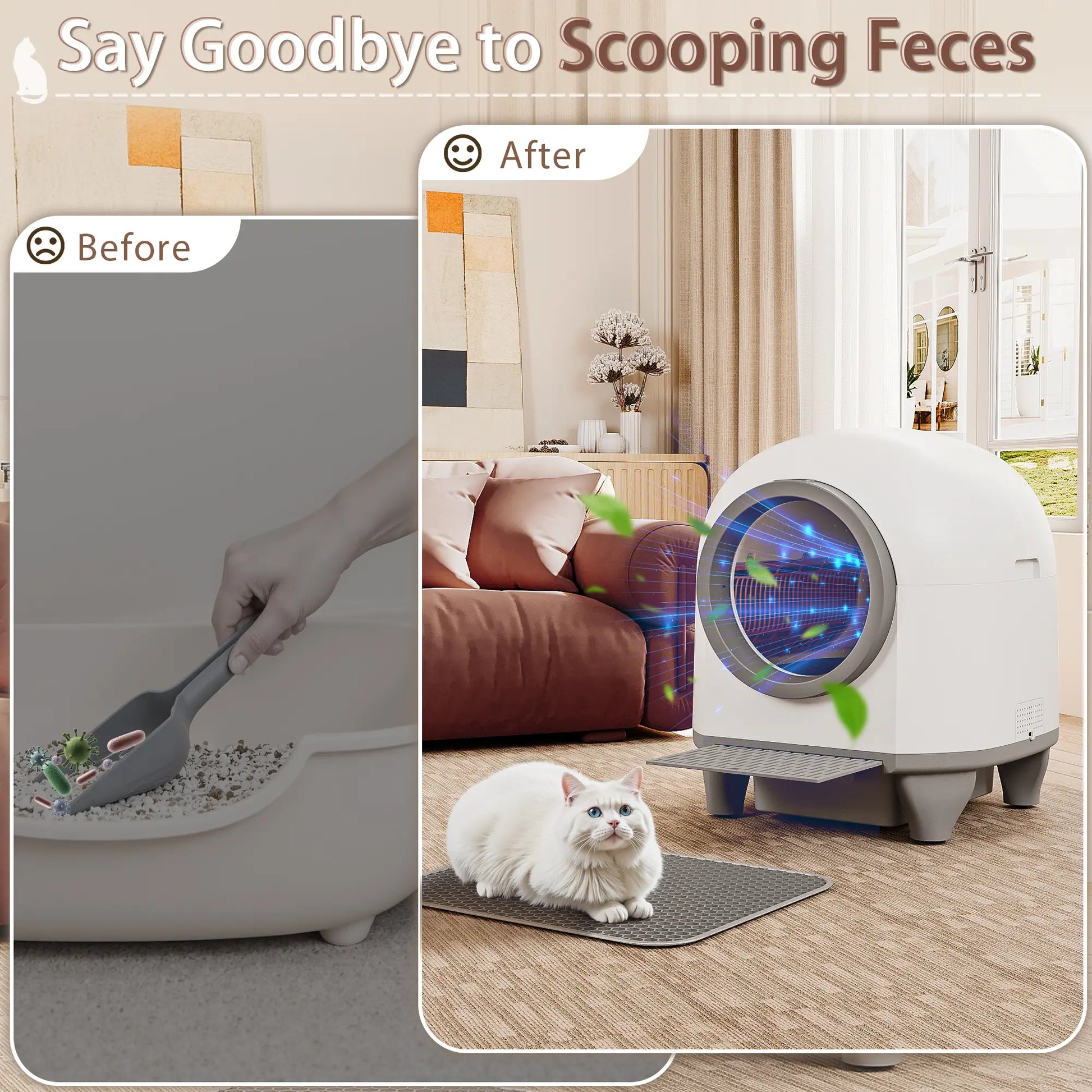 Warcat Smart Low-Noise Self-Cleaning Litter Box with 90L Capacity, App-Controlled via 2.4G WiFi, Equipped with Smart Sensors and Safety Features for Easy Maintenance and Setup