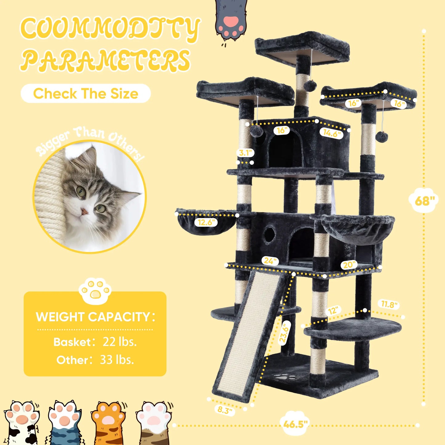 SHA CERLIN Multi-Level Tall Cat Tree Tower with Hammock and Sisal Scratching Posts - Spacious Cat Condo Furniture for Multiple Cats - Ideal for Play and Rest - Perfect Father's Day Gift