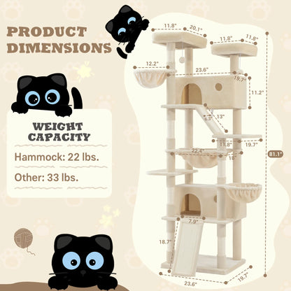SHA CERLIN Multi-Level Tall Cat Tree Tower with Hammock and Sisal Scratching Posts - Spacious Cat Condo Furniture for Multiple Cats - Ideal for Play and Rest - Perfect Father's Day Gift