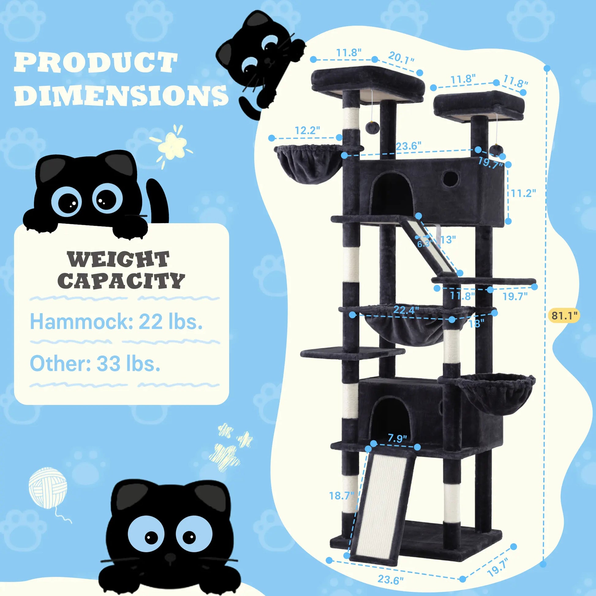 SHA CERLIN Multi-Level Tall Cat Tree Tower with Hammock and Sisal Scratching Posts - Spacious Cat Condo Furniture for Multiple Cats - Ideal for Play and Rest - Perfect Father's Day Gift