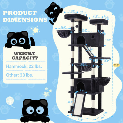 SHA CERLIN Multi-Level Tall Cat Tree Tower with Hammock and Sisal Scratching Posts - Spacious Cat Condo Furniture for Multiple Cats - Ideal for Play and Rest - Perfect Father's Day Gift