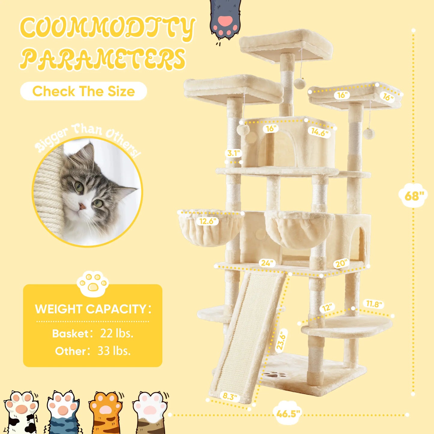 SHA CERLIN Multi-Level Tall Cat Tree Tower with Hammock and Sisal Scratching Posts - Spacious Cat Condo Furniture for Multiple Cats - Ideal for Play and Rest - Perfect Father's Day Gift