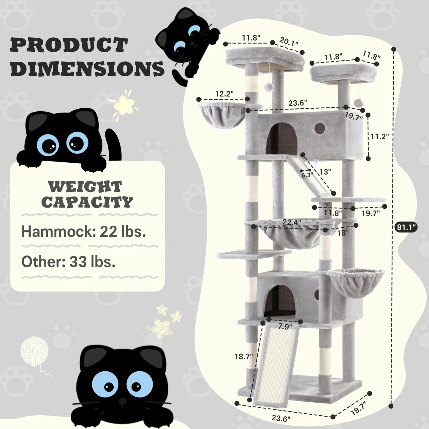 SHA CERLIN Multi-Level Tall Cat Tree Tower with Hammock and Sisal Scratching Posts - Spacious Cat Condo Furniture for Multiple Cats - Ideal for Play and Rest - Perfect Father's Day Gift