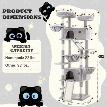 SHA CERLIN Multi-Level Tall Cat Tree Tower with Hammock and Sisal Scratching Posts - Spacious Cat Condo Furniture for Multiple Cats - Ideal for Play and Rest - Perfect Father's Day Gift